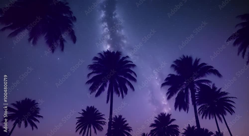 Wide mountain star palm trees with night sky 4k animation Wide mountain star palm trees with night sky 4k animation