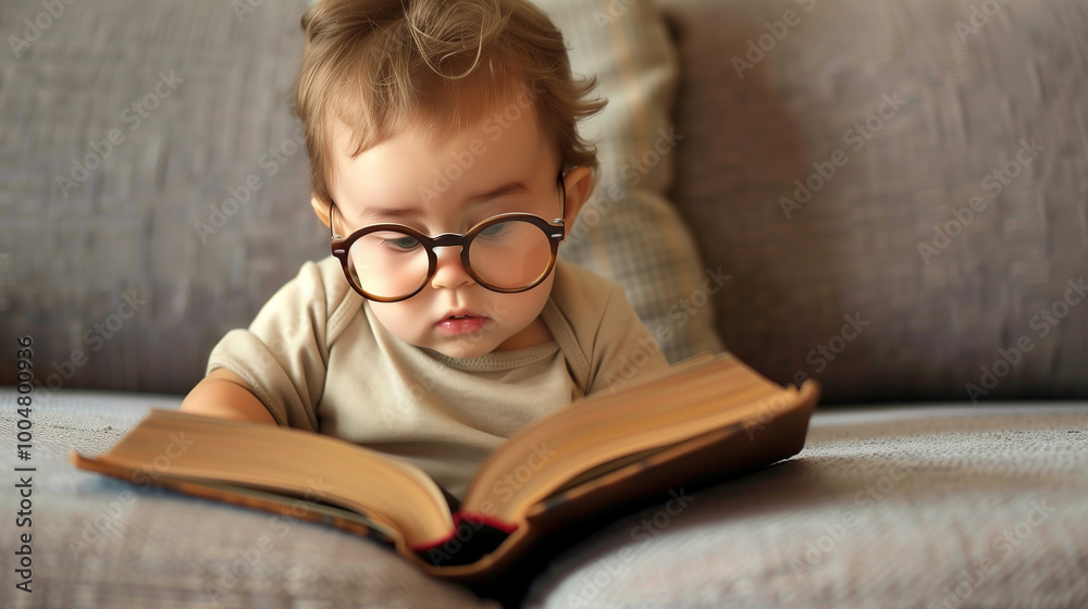 A curious toddler in oversized glasses sits on a sofa, intently reading a book, with a charming mix of concentration and innocence expression. A curious toddler in oversized glasses sits on a sofa, intently reading a book, with a charming mix of concentration and innocence expression.