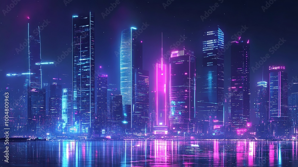 Futuristic cityscape with neon lights reflecting in the water. Futuristic cityscape with neon lights reflecting in the water.