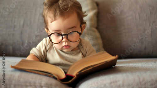 A curious toddler in oversized glasses sits on a sofa, intently reading a book, with a charming mix of concentration and innocence expression.