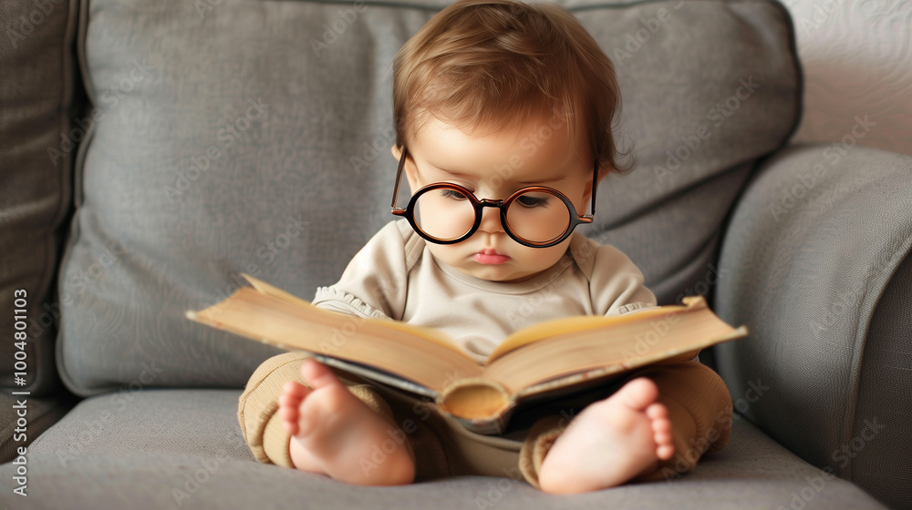 A curious toddler in oversized glasses sits on a sofa, intently reading a book, with a charming mix of concentration and innocence expression. A curious toddler in oversized glasses sits on a sofa, intently reading a book, with a charming mix of concentration and innocence expression.