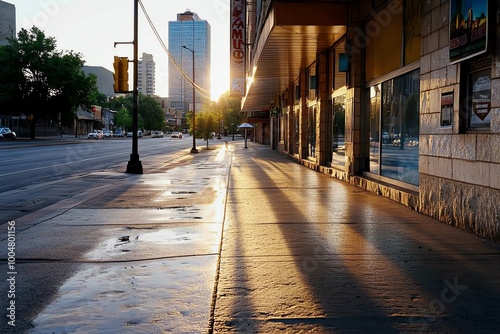 A quiet urban street at dawn, with empty sidewalks and tall buildings casting long shadows as the city wakes up