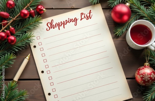Christmas shopping list on wooden table with tea and decorations