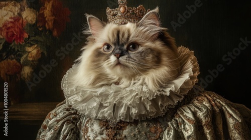 A majestic feline adorned in a lavish ruffled collar and a golden crown sits elegantly against a backdrop of rich, dark hues resembling a classic painting, exuding an air of royalty.