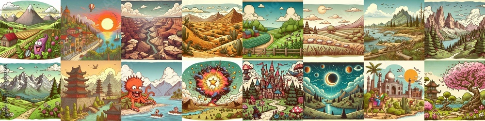 Obraz premium Funny cartoon landscapes. AI generated illustration