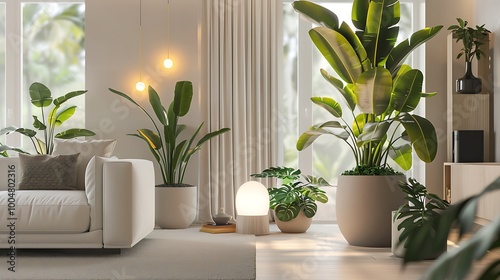 Bright modern living room with neutral tones, large indoor plants, and soft lighting