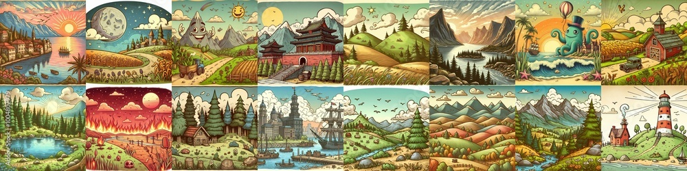 Obraz premium Funny cartoon landscapes. AI generated illustration
