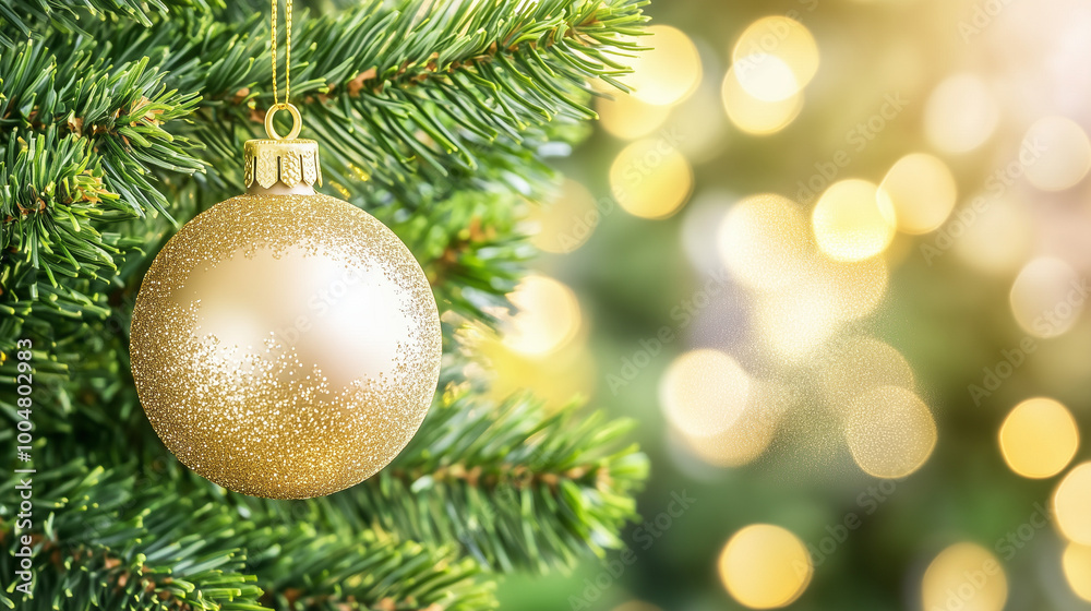 Golden Christmas ornament hanging on a tree with blurred lights. Golden Christmas ornament hanging on a tree with blurred lights.