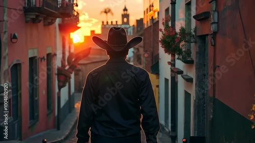 man wearing a hat walking in a traditional town in Mexico during the sunset