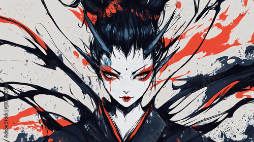  Stylized demon geisha illustration featuring traditional Japanese kimono, horns, and dark fantasy elements, blending beauty and horror with striking red and black contrasts. photo