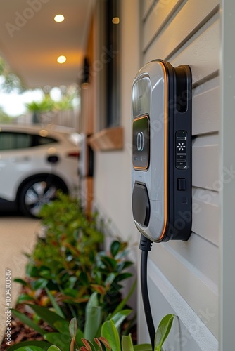 Wall mounted electric car charger in garage with space for custom text or inscriptions