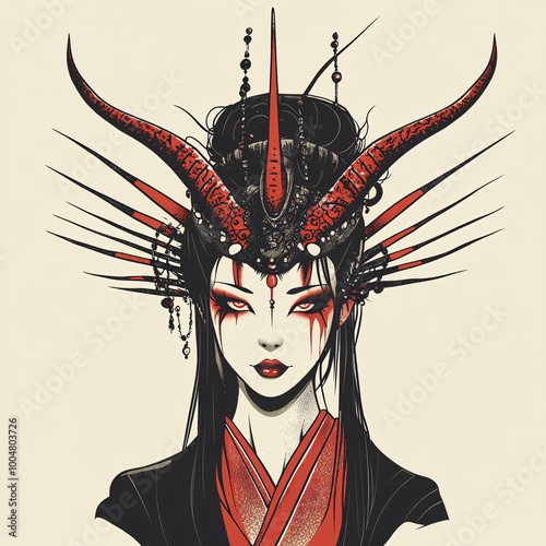  Stylized demon geisha illustration featuring traditional Japanese kimono, horns, and dark fantasy elements, blending beauty and horror with striking red and black contrasts. photo