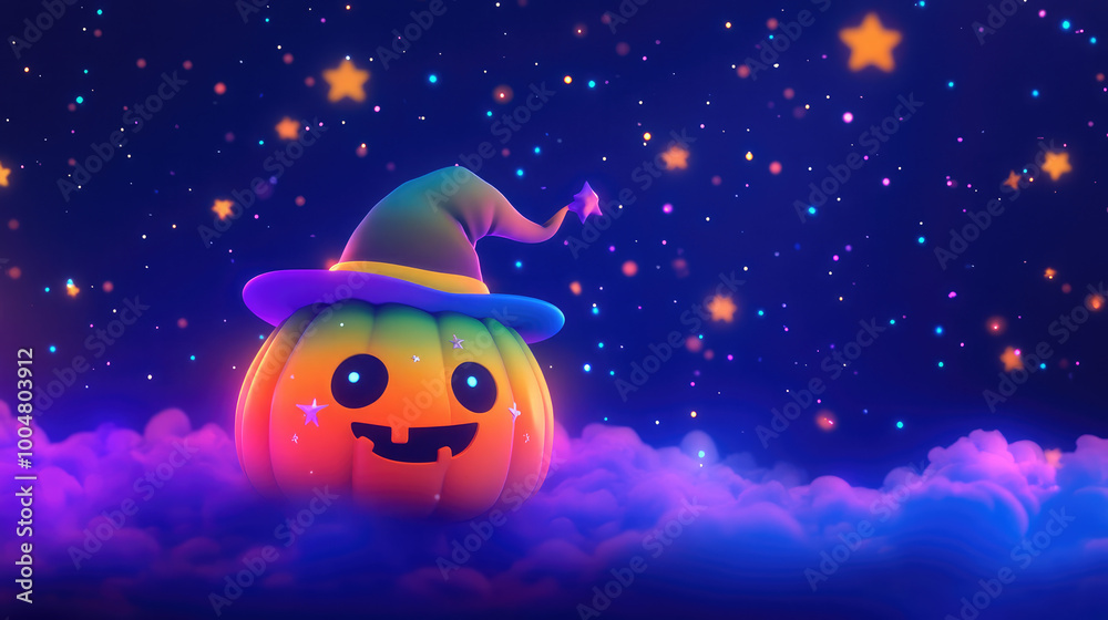 A 3D pumpkin in pastel rainbow hues, topped with a witch hat, floating in a spooky sky surrounded by glowing stars.