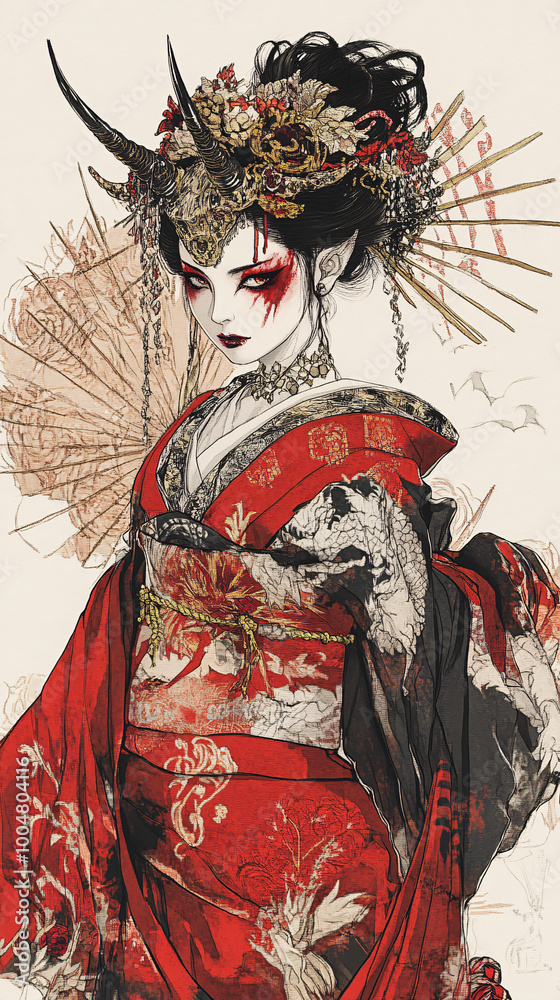 Fototapeta premium Stylized demon geisha illustration featuring traditional Japanese kimono, horns, and dark fantasy elements, blending beauty and horror with striking red and black contrasts.