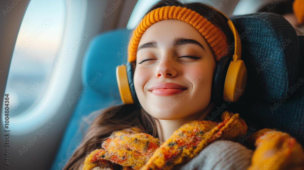 a young woman in a yellow winter outfit with headphones seated by an airplane window during a travel adventure