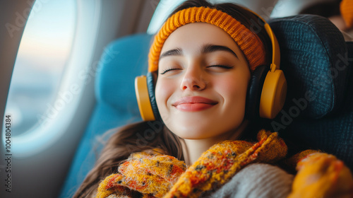 Obraz na płótnie a young woman in a yellow winter outfit with headphones seated by an airplane window during a travel adventure w salonie