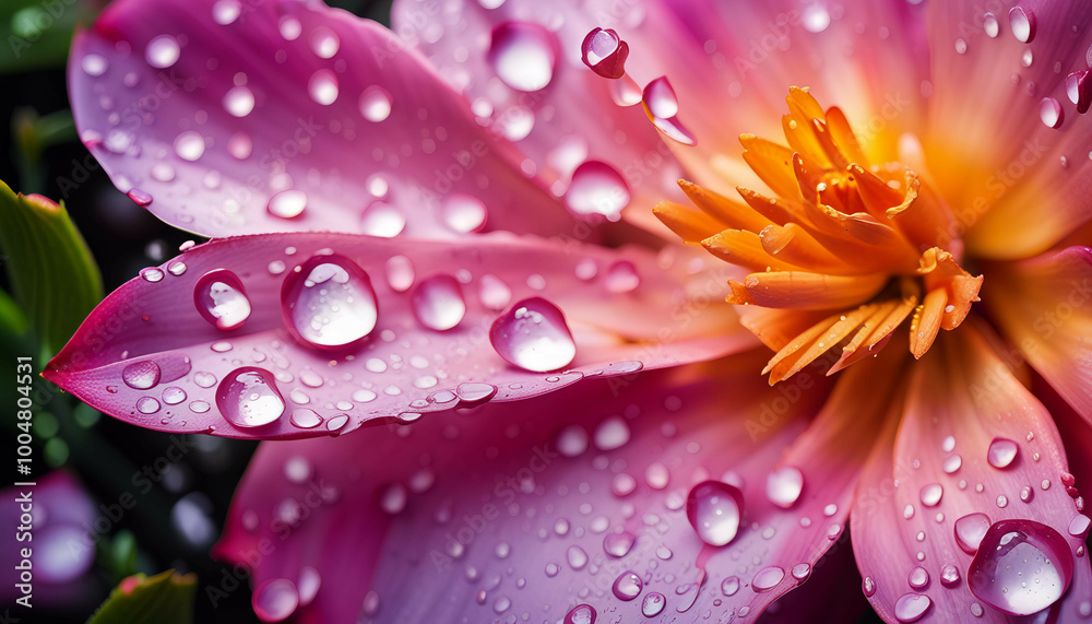 Close-Up of a Vibrant Blooming Flower Petal with Glistening Water Droplets, Showcasing Nature's Beauty and Freshness, Perfect for Floral and Garden-Themed Projects Close-Up of a Vibrant Blooming Flower Petal with Glistening Water Droplets, Showcasing Nature's Beauty and Freshness, Perfect for Floral and Garden-Themed Projects