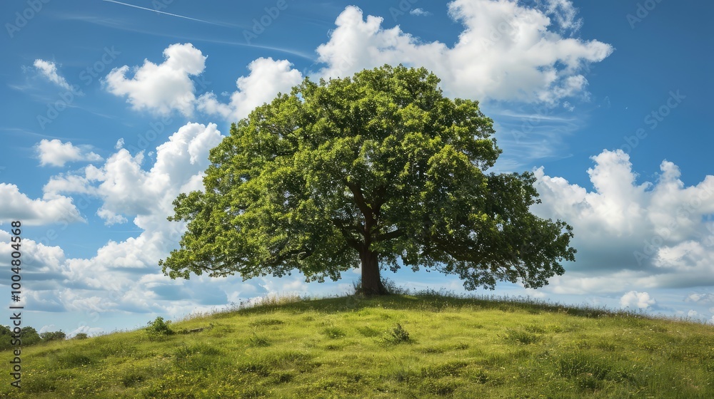 A large solitary ancient oak on a hill in the summer. AI generative. A large solitary ancient oak on a hill in the summer. AI generative.