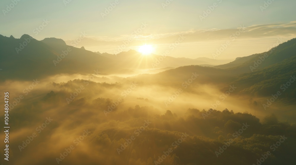 Morning landscape of sunrise over a mountain ridge and mist in the valley. AI generative. Morning landscape of sunrise over a mountain ridge and mist in the valley. AI generative.
