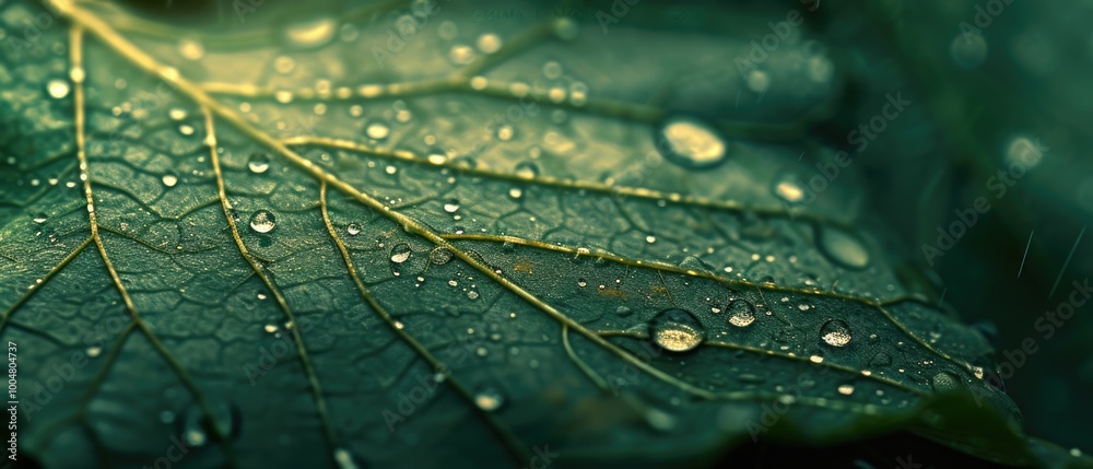 Fototapeta premium Drops on a leaf close-up. Macro. AI generative.