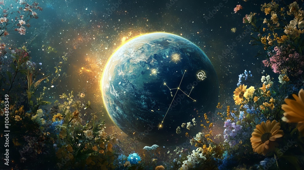 A planet encircled by flowers, numbers, and astrological symbols A planet encircled by flowers, numbers, and astrological symbols