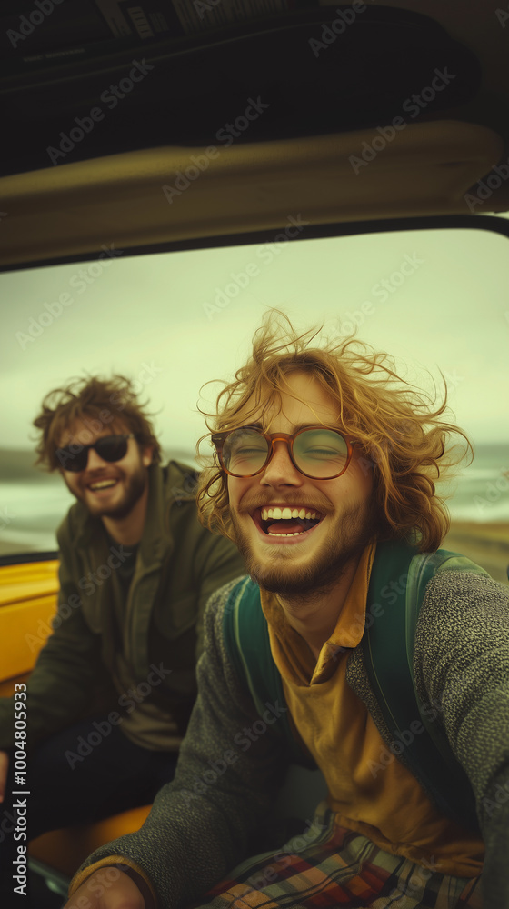 a group of cool hipster friends traveling in a yellow car along the coast, embracing a traveler lifestyle and sustainable tourism