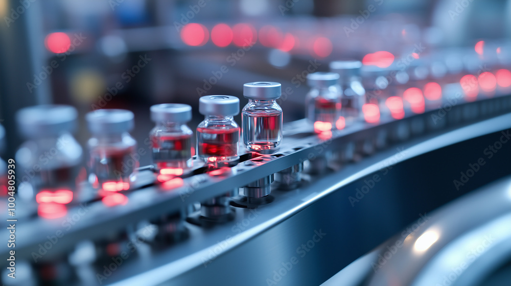 Conveyor with blue medical vials at the factory. Conveyor with blue medical vials at the factory.