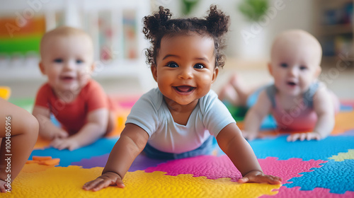 Happy baby smiling while crawling on a colorful play mat with other infants.