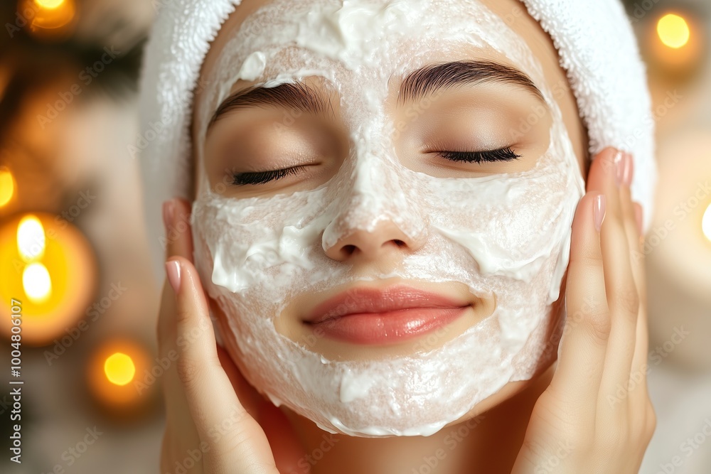 A woman with white face mask and towel in her head