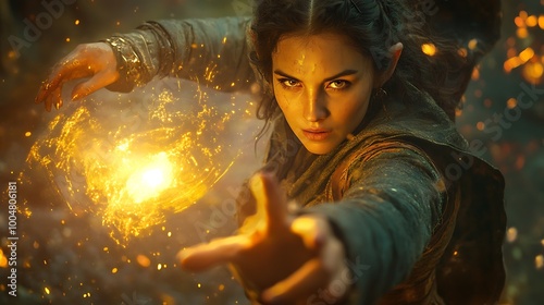 Powerful sorceress woman holding magical light ball in hand. Concept of fantasy, magic, supernatural, and power.