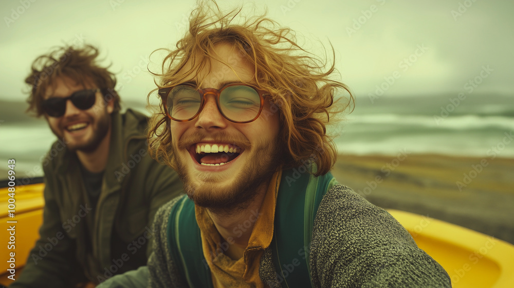 a group of cool hipster friends traveling in a yellow car along the coast, embracing a traveler lifestyle and sustainable tourism