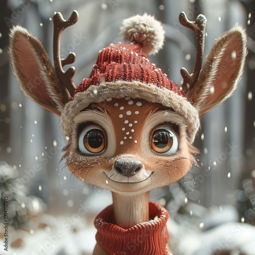 A cartoon Christmas Reindeer, happy wearing a red hat