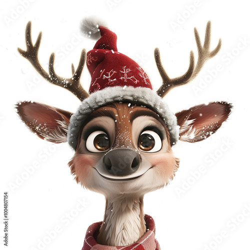 A cartoon Christmas Reindeer, happy wearing a red hat