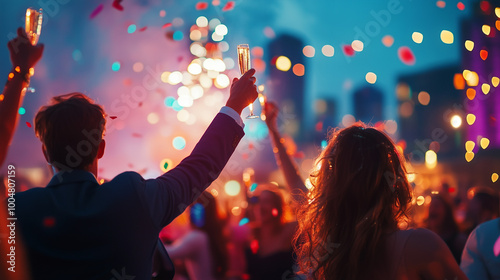 A couple toasts with champagne in a crowd celebrating with confetti.