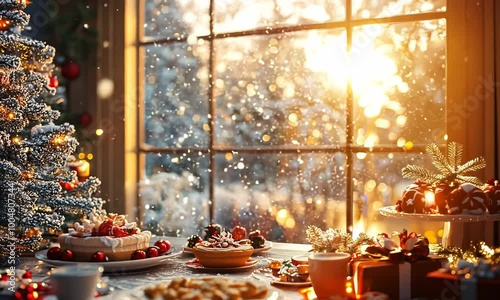 Cozy Christmas morning scene with a tree, presents, and a breakfast table set with holiday treats. . Video