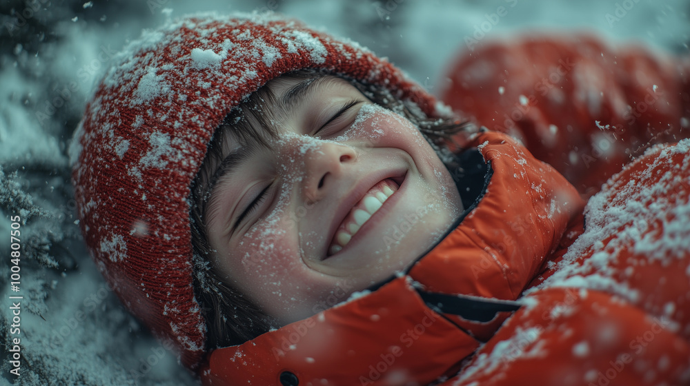 close up overhead view of a child in a red outfit playing in the snow during winter family vacation