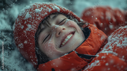 Obraz na płótnie close up overhead view of a child in a red outfit playing in the snow during winter family vacation w salonie