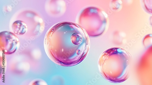 Abstract colorful bubbles floating on a pink and blue background.