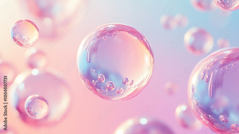 A group of iridescent bubbles floating on a pink and blue background. A group of iridescent bubbles floating on a pink and blue background.