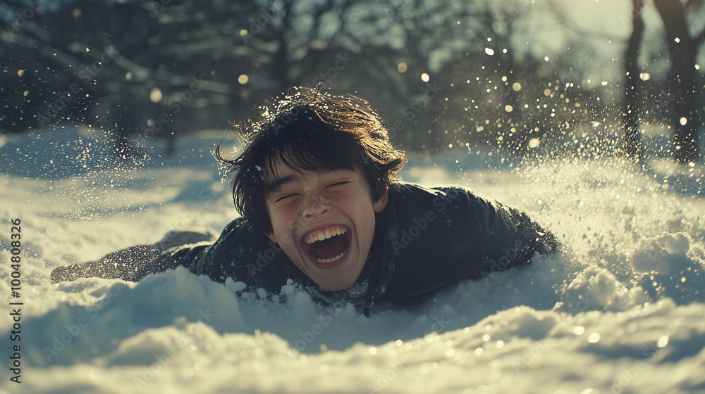 a boy playing joyfully in the snow outdoors during winter vacation