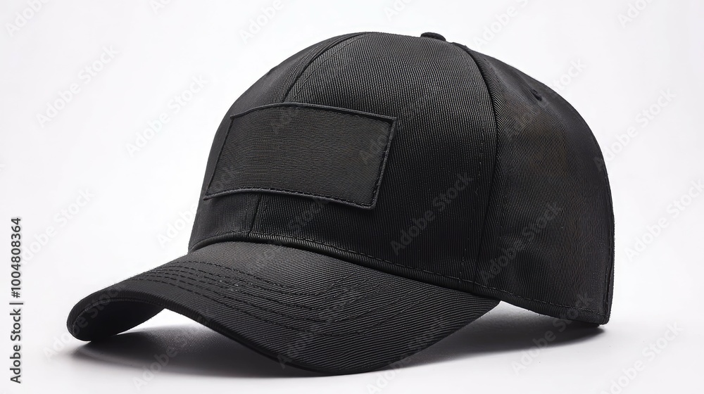 A black baseball cap with a blank patch on the front, isolated on a white background. A black baseball cap with a blank patch on the front, isolated on a white background.