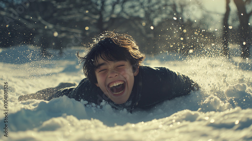 Obraz na płótnie a boy playing joyfully in the snow outdoors during winter vacation w salonie