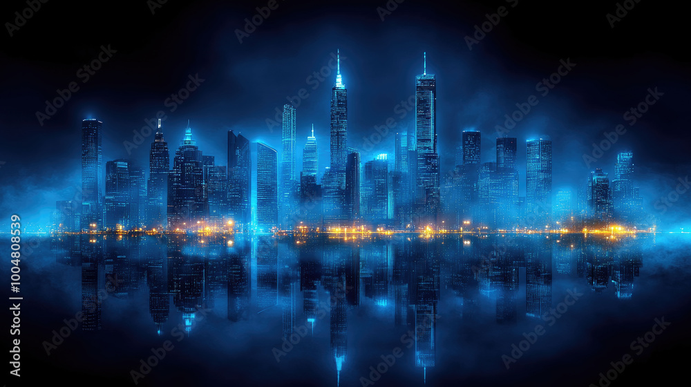 Bright city lights illuminate a stunning skyline over calm waters at night, creating a mystical ambiance with a layer of fog