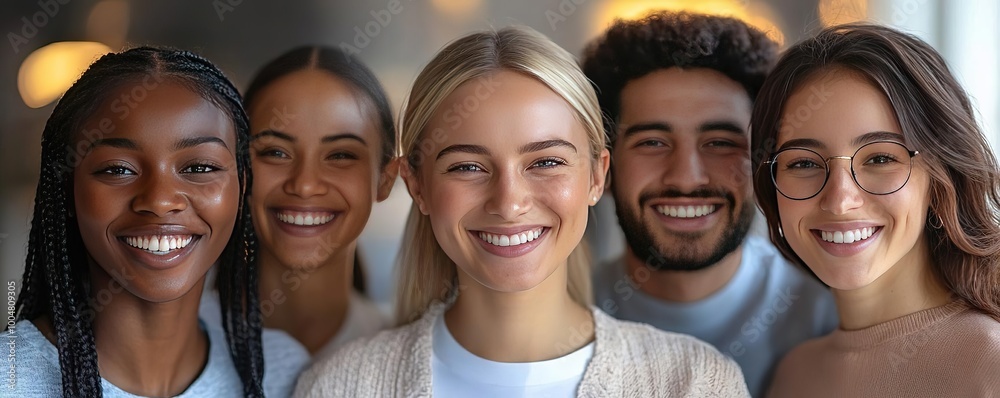 A diverse group of smiling friends showcasing joy and camaraderie in a modern setting, perfect for community and friendship themes. A diverse group of smiling friends showcasing joy and camaraderie in a modern setting, perfect for community and friendship themes.