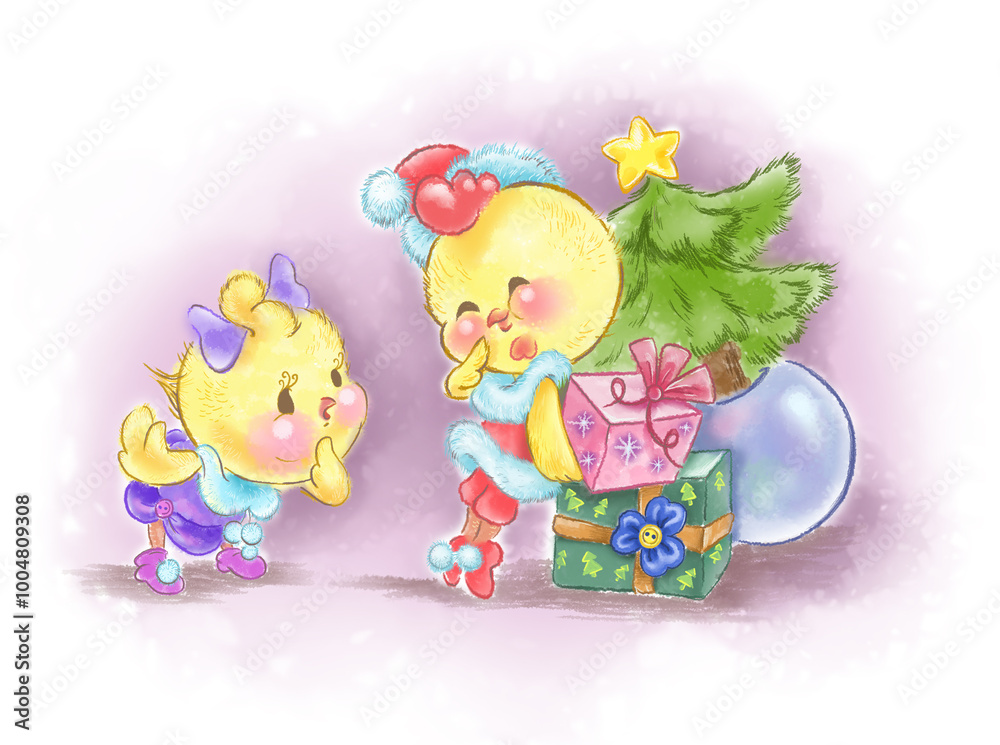 Obraz premium Festive hand-drawn New Year and Christmas card: a girl chick and a chick in the image of Santa Claus with a Christmas tree and gifts behind his back.