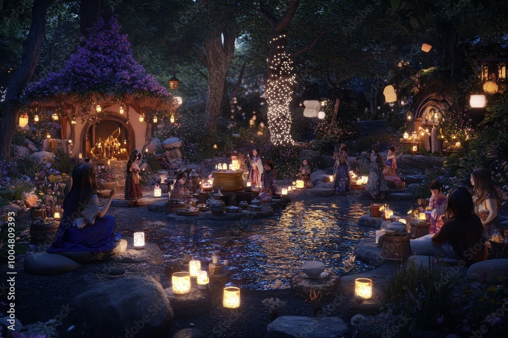 Obraz premium A mesmerizing magical fantasy world where humans and mystical creatures coexist, captured in stunning realism. This hidden, mythical location brings to life a sense of wonder and mystery, evoking awe 