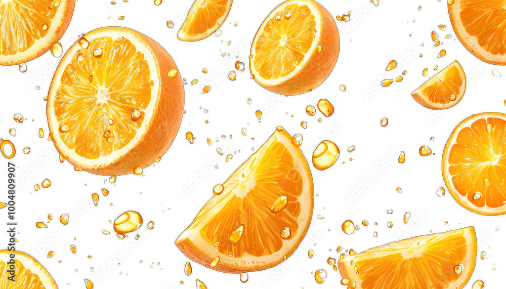 Fresh orange slices floating on a dark background with droplets, highlighting the citrus fruit's juicy texture.