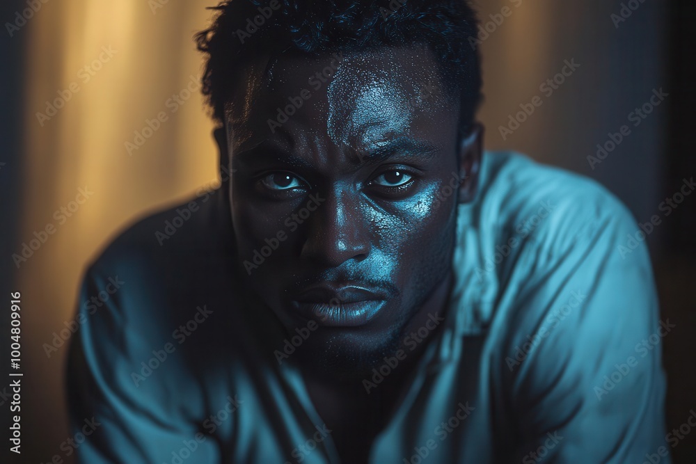 east african man seated alone in a dimly lit room his expression reflecting deep regret shadows softly playing across his features inviting viewers to contemplate isolation and introspection east african man seated alone in a dimly lit room his expression reflecting deep regret shadows softly playing across his features inviting viewers to contemplate isolation and introspection