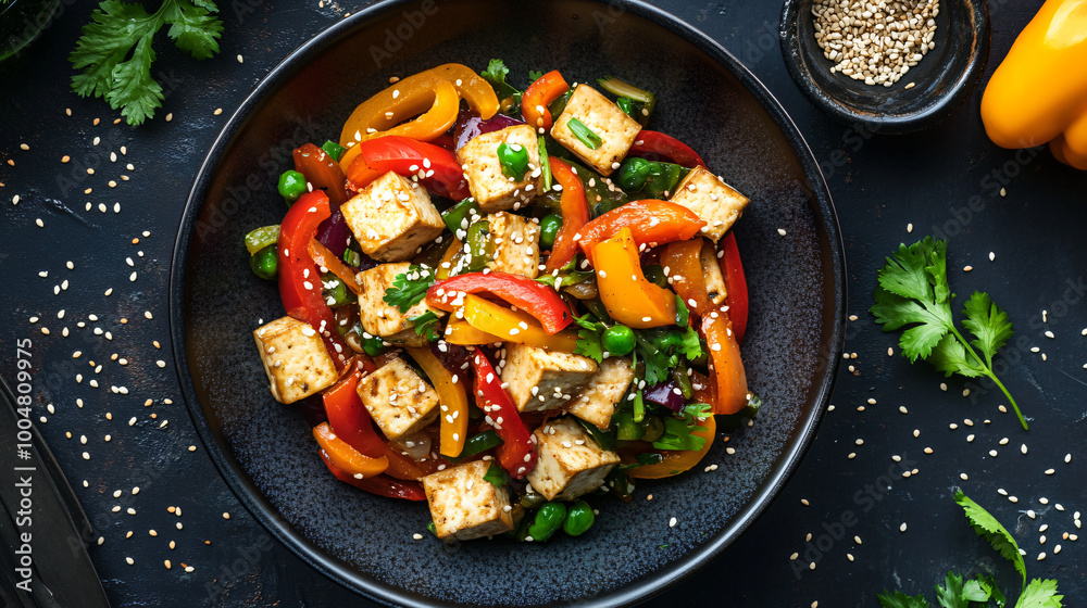A colorful vegetable stir-fry with tofu, bell peppers, and sesame seeds. A colorful vegetable stir-fry with tofu, bell peppers, and sesame seeds.