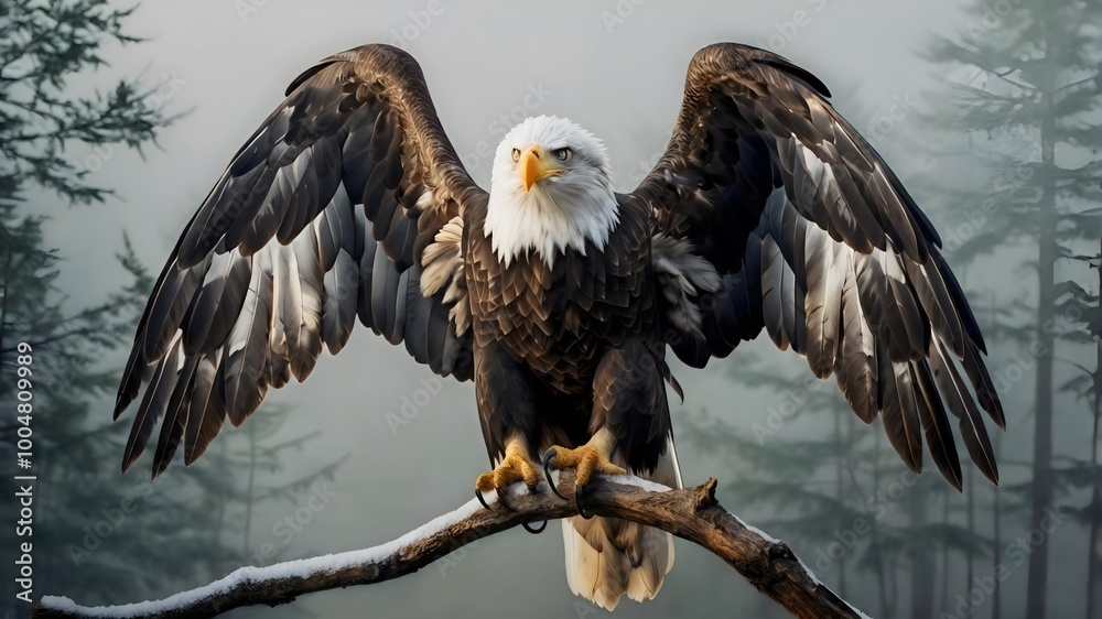 Obraz premium Majestic Bald Eagle Spreading Wings Over Foggy Forest Perched Branch Nature Wildlife